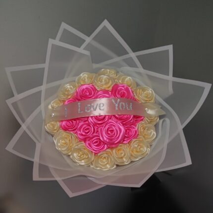 Satin Ribbon Flowers | Heart Shaped Bouquet| Artificial flowers | Eternal Rose Bouquet | Pink, Beige & White Bouquet